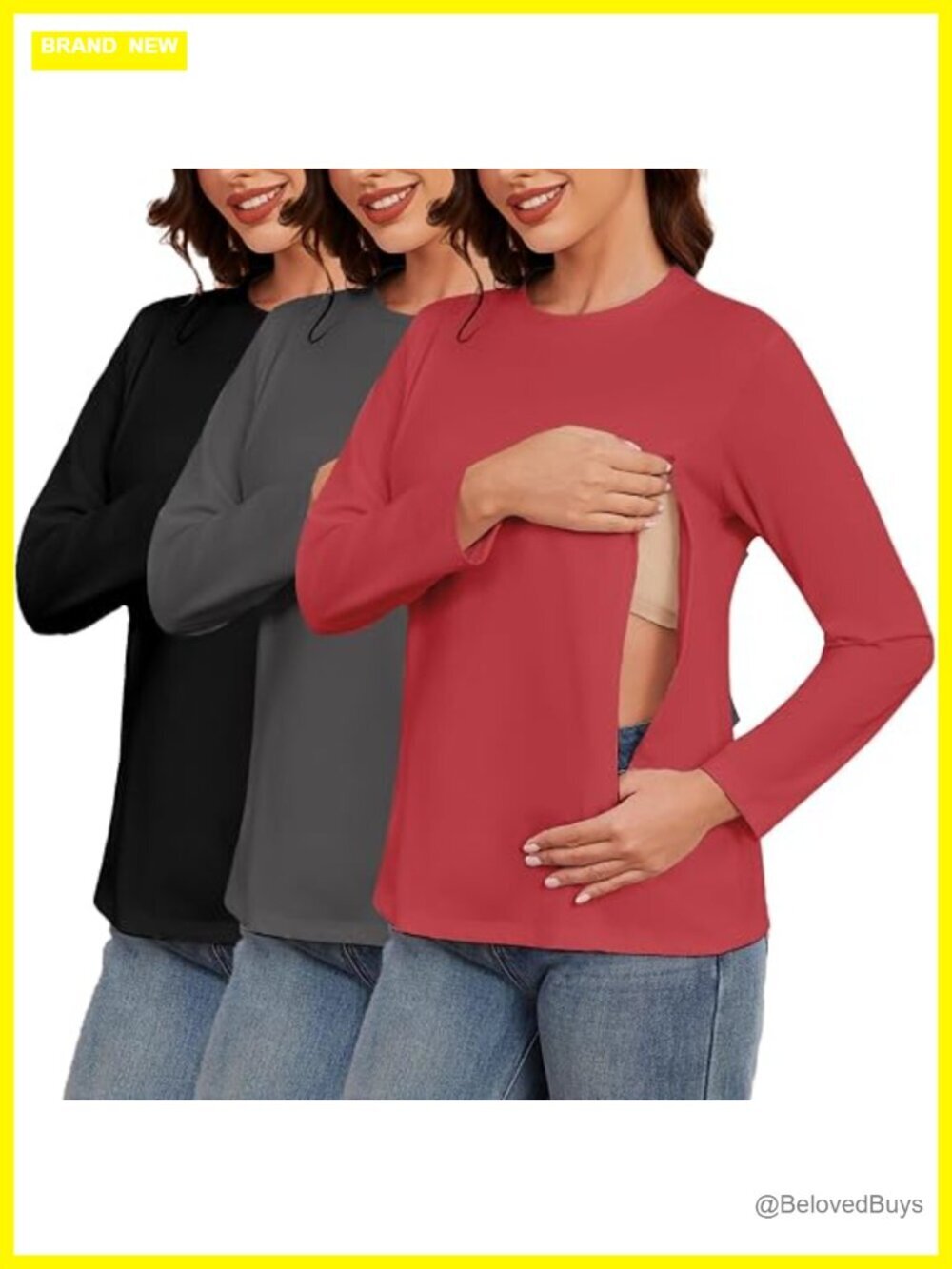 3 Pack Nursing Shirts with Hidden Zippers Long Sleeve Cotton Blend Soft